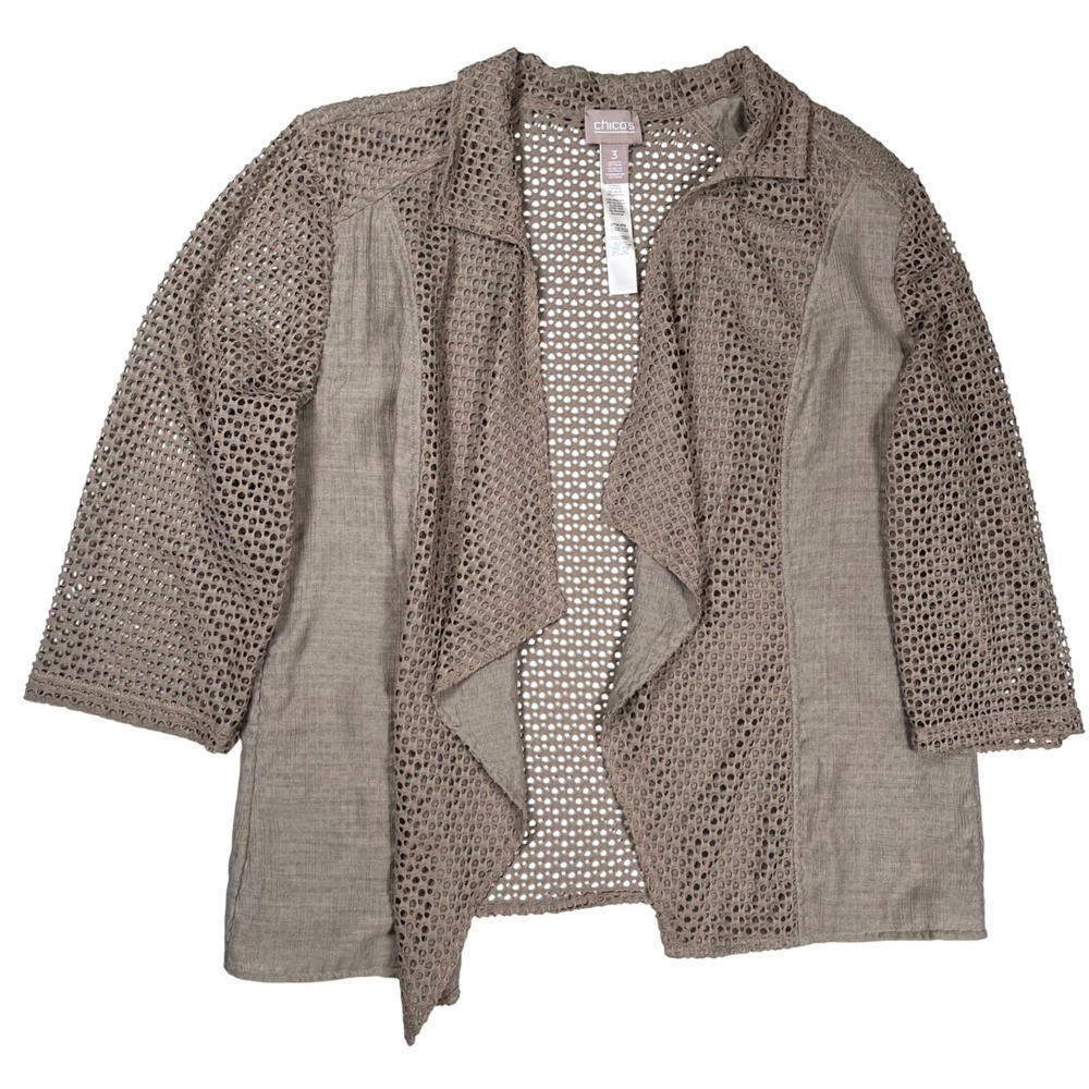 Chico's Cardigan Women XL Taupe Brown Mesh Mixed Media‎ Open Front Draped 3/4